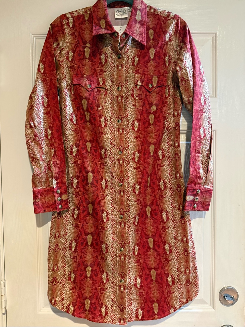 Cowgirl Justice Western Shirt Dress Small Red Snakeskin Print Snap Front